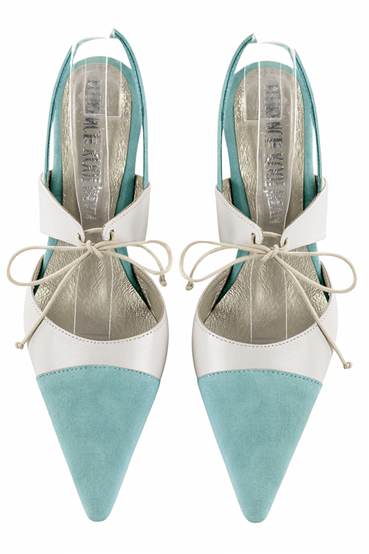 Aquamarine blue and pure white women's open back shoes, with an instep strap. Pointed toe. High slim heel. Top view - Florence KOOIJMAN